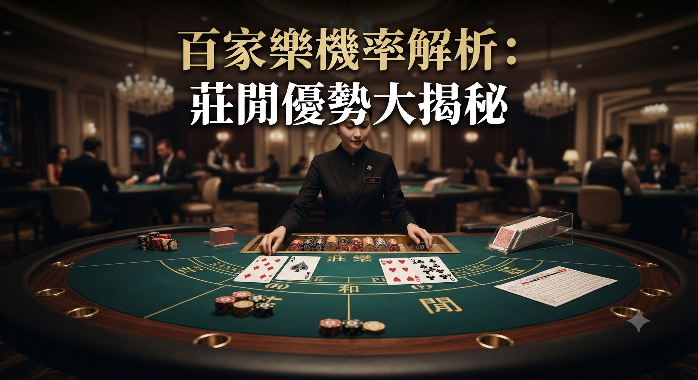 這是一張呈現百家樂賭桌場景的圖片，畫面中央有一位專業的荷官正在操作遊戲，賭桌上擺放著撲克牌與籌碼。 圖片上方以醒目的文字標題「百家樂機率解析：莊閒優勢大揭秘」作為主題，整體氛圍展現出高級賭場的專業感。