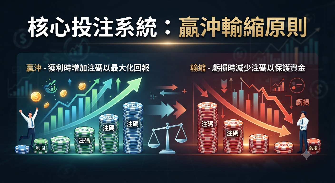這張圖表呈現了「核心投注系統：贏沖輸縮原則」，直觀對比了獲利時增加注碼以擴大優勢，以及虧損時減少注碼以保護資金的策略。 透過左右兩側的動態圖示，清晰展示了該系統在風險管理與回報最大化之間的平衡邏輯。